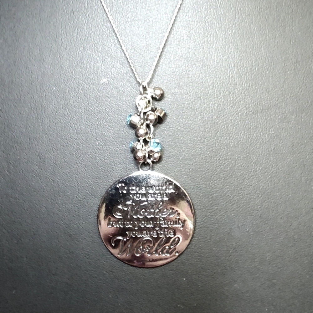 Final $ Mother Poem Engraved Silver Tone Pendant Necklace with Blue Accent Glass